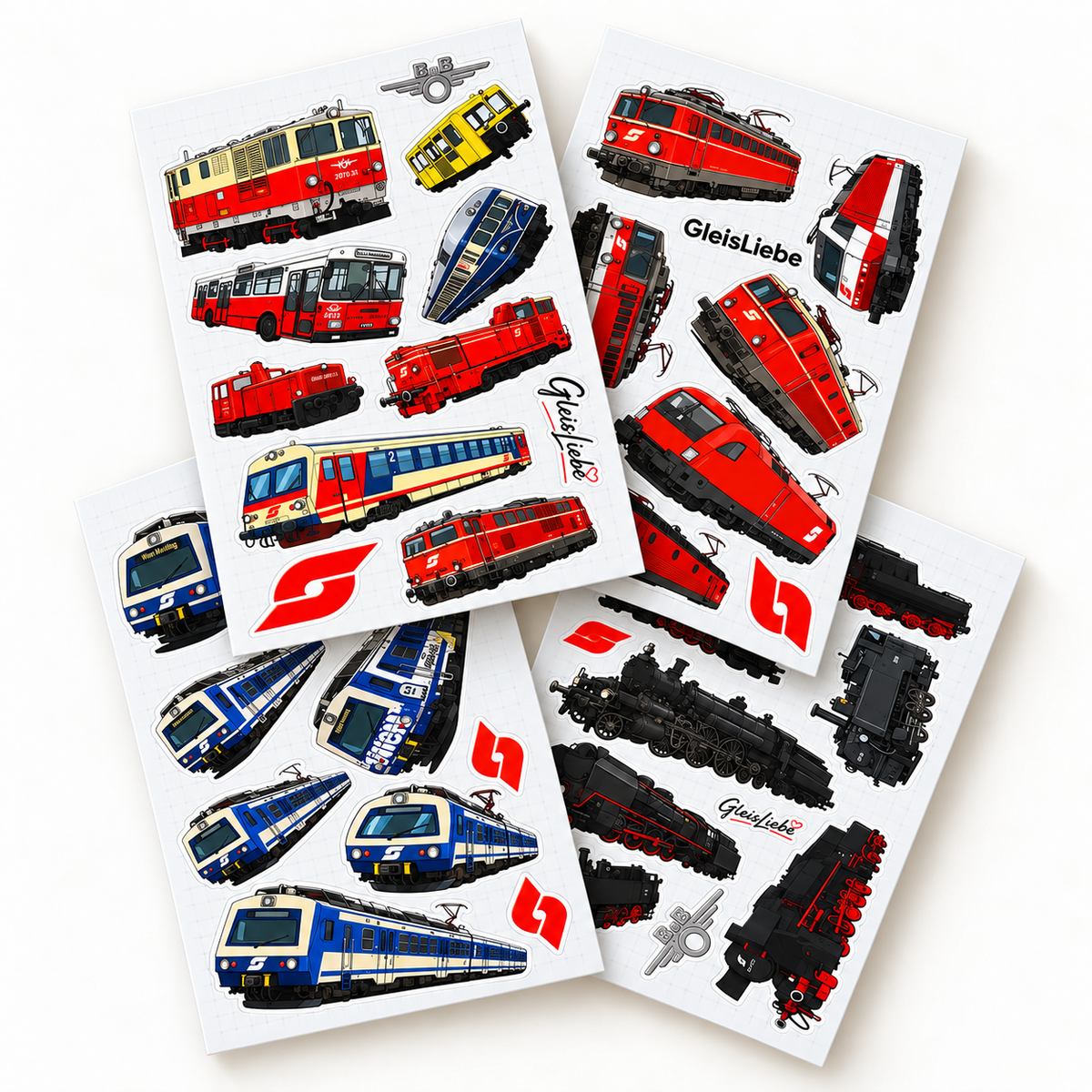 Eisenbahn-Stickerbogen mit Lok-Motiven