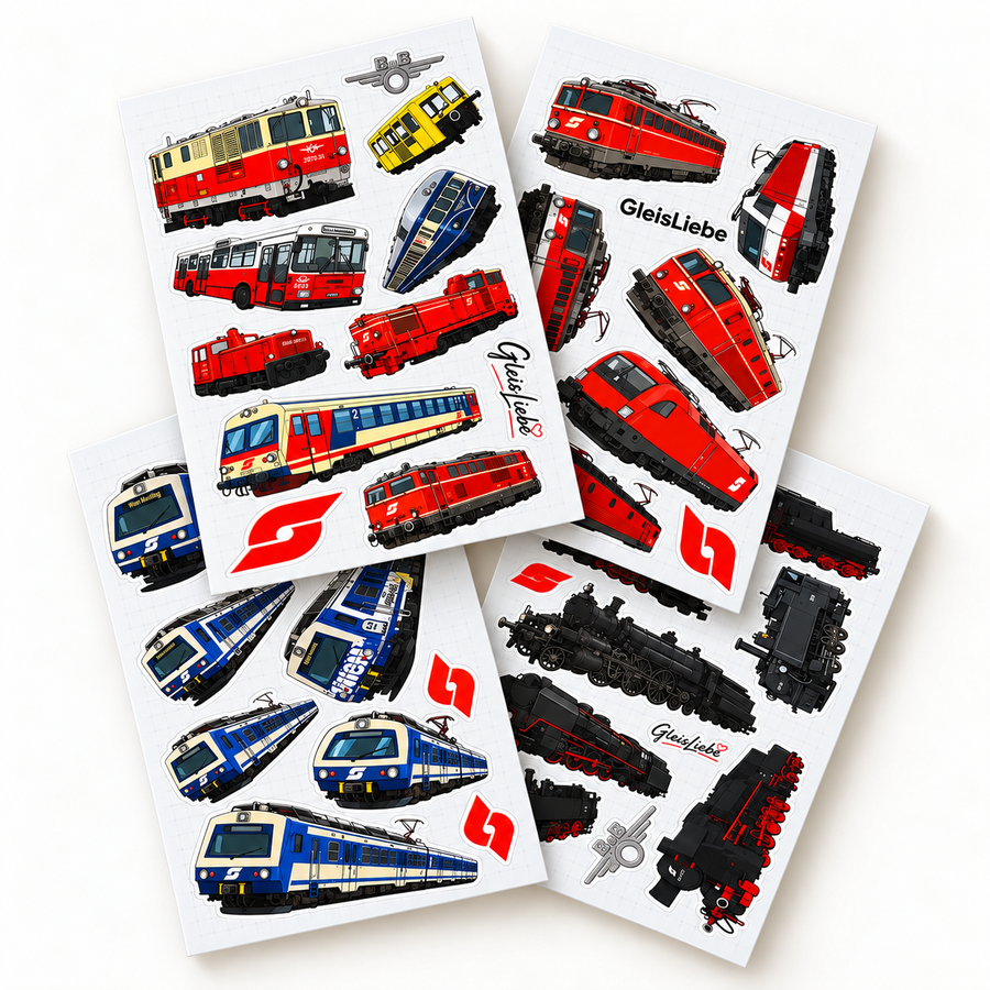 Eisenbahn-Stickerbogen mit Lok-Motiven