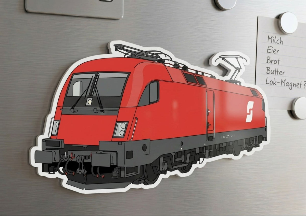 Acryl-Magnet E-Lok 1016 in Rot am Kühlschrank