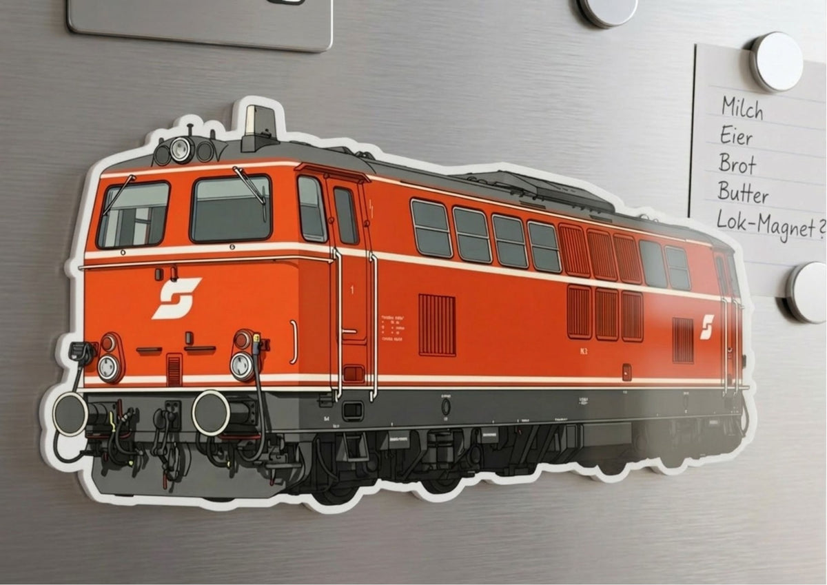 Acryl-Magnet Diesellok 2143 in Blutorange am Kühlschrank