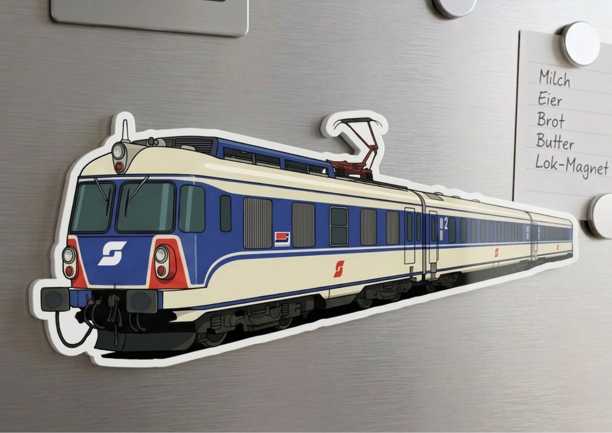 Acryl-Magnet Triebzug 4010 in Blau/Elfenbein am Kühlschrank